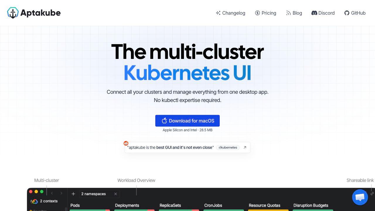 Aptakube Kubernetes dashboard screenshot