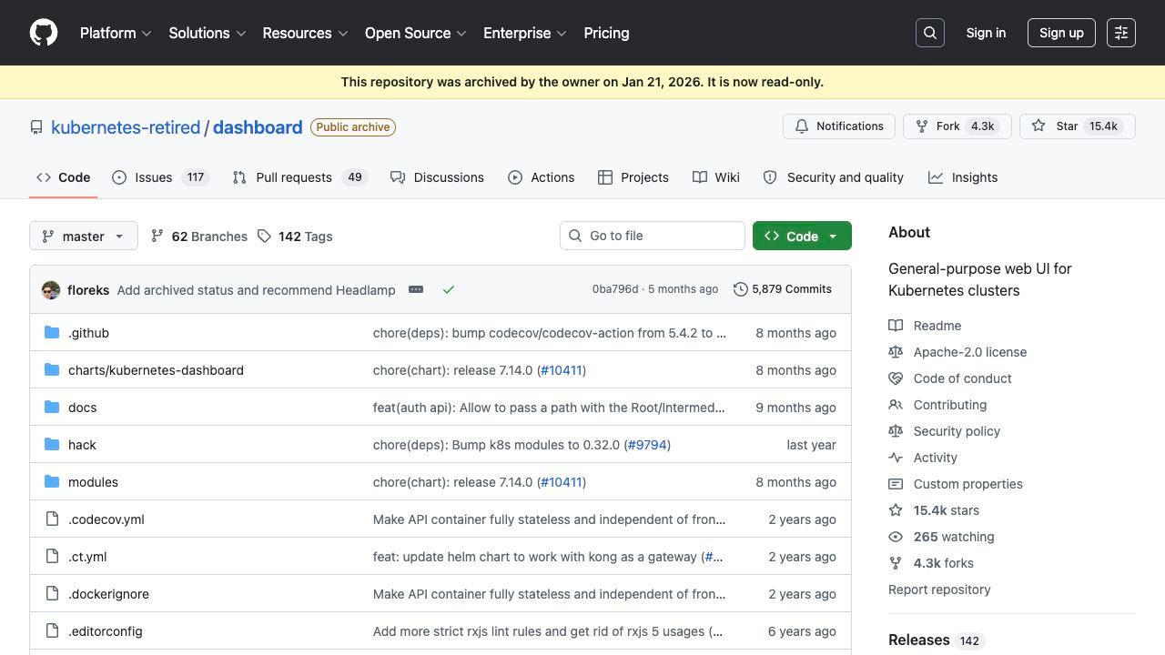 Kubernetes Dashboard retired repository screenshot